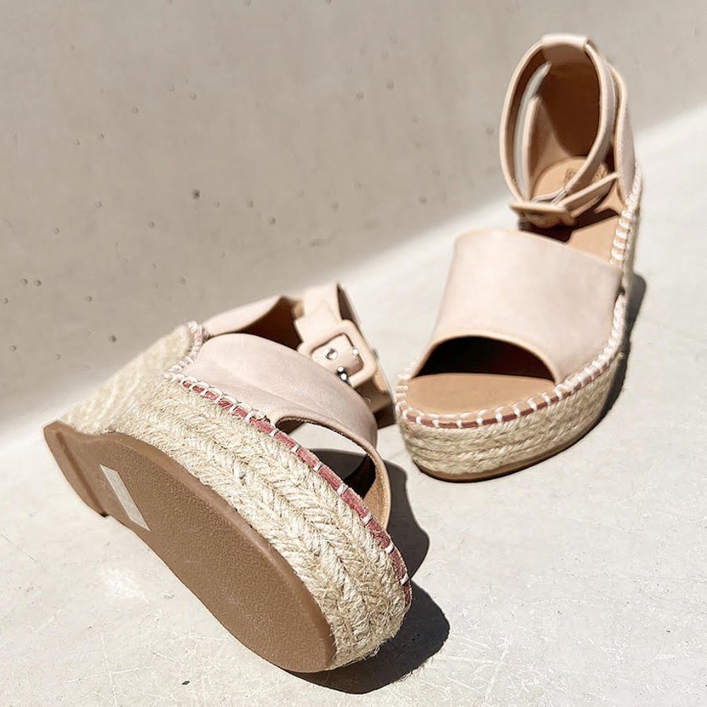 NEW Sand Nude Faux Leather Ankle Buckle Strap Espadrille Platform Wedge Sandals - Picture 6 of 13